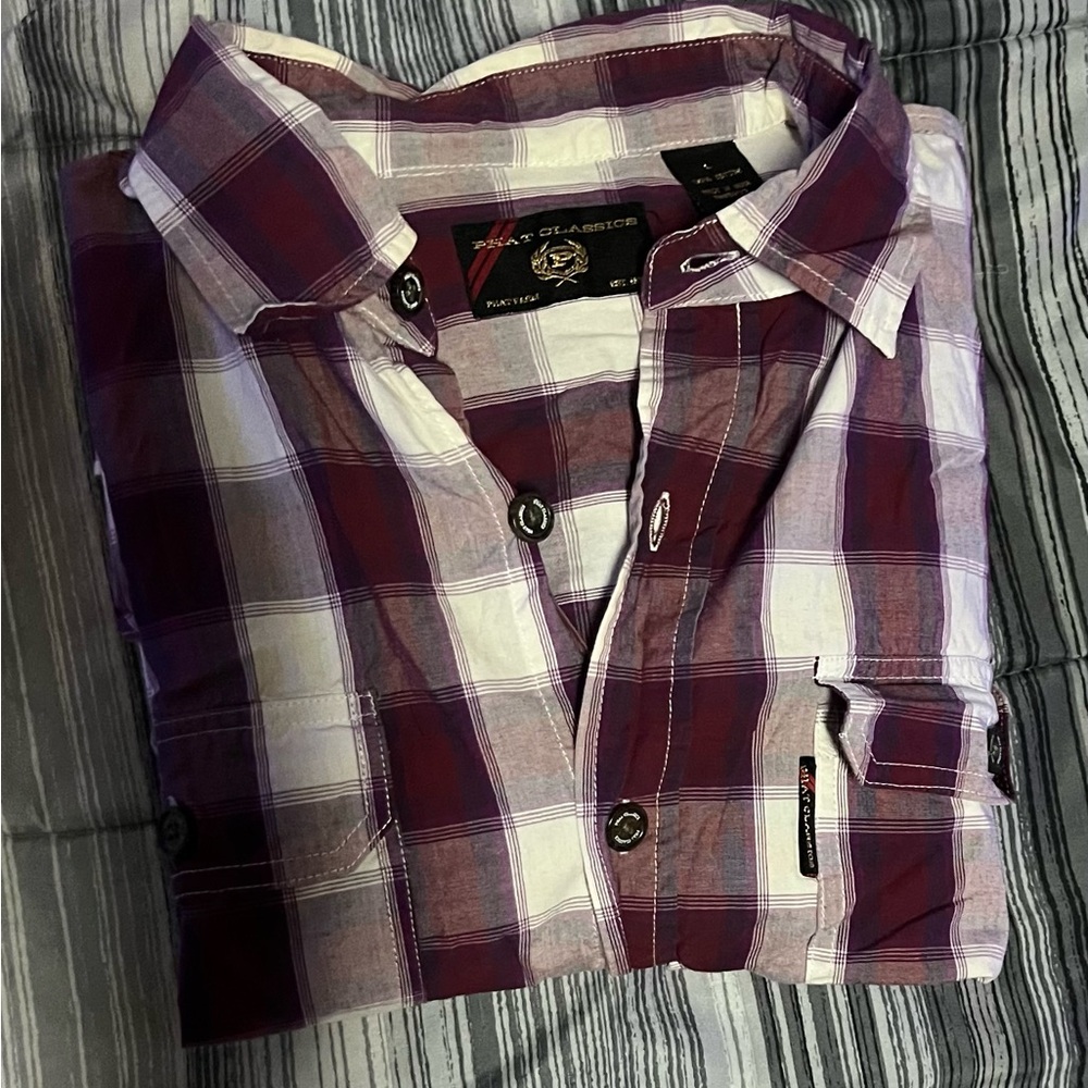 Phat Farm Men's Purple and White Plaid Shirt